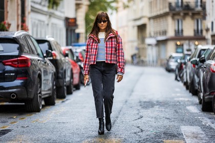 black boots, black sunglasses, blue stripes, boots, check, checked jacket, denim, grey denim, grey jean, jacket, jean, Laure Hériard-Dubreuil, mariniere, print, printed jacket, red jacket, striped knitwear, sunglasses, white knitwear, fashion week, frenchystyle, FW, jonathan paciullo, street style, PFW, PARIS, SPRING SUMMER 2022, SS 22, horizontal, atmosphere details, full length
