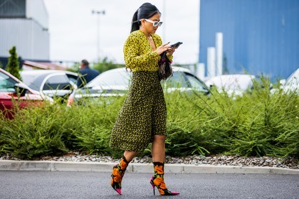 balenciaga boots, boots, color, dress, floral print, flower, green dress, multicolor, orange boots, print, printed dress, sunglasses, white sunglasses, yellow dress, PARIS, PFW, fashion week, frenchystyle, FW, jonathan paciullo, street style, SPRING SUMMER 2022, SS 22, horizontal, atmosphere details, full length