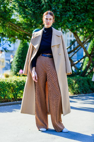 AUTUMN WINTER 2017-2018, AW 17-18, aymeline valade, beige coat, black belt, black sweater, brown pants, checked pants, FALL WINTER 2017-2018, fashion week, frenchystyle, full length, FW, FW 17-18, jonathan paciullo, leather belt, model, over the shoulder, PARIS, PFW, printed pants, street style, trousers, vertical, white sneakers