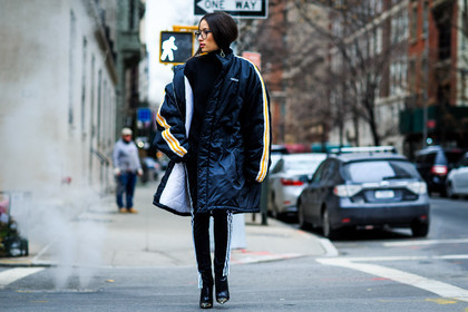 adidas, atmosphere details, AUTUMN WINTER 2016-2017, AW 16-17, black boots, black coat, black jacket, black pants, black sweater, christian louboutin, down jacket, fashion week, frenchystyle, full length, FW, FW 16-17, high heels, high hell, horizontal, jonathan paciullo, leather boots, NEW YORK, NYFW, street style, striped pants, tone on tone, total look black, trousers, turtleneck sweater, woman