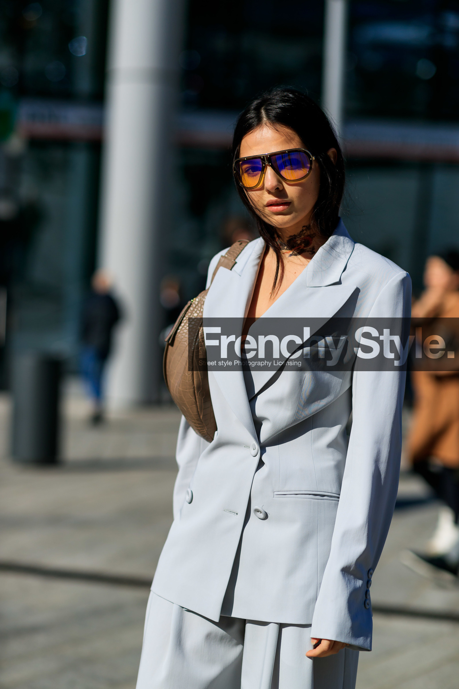 beige bag, blazer, doina ciobanu, fanny pack, grey jacket, grey pants, grey suit, leather bag, sunglasses, trousers, MILAN, MFW, fashion week, frenchystyle, FW, jonathan paciullo, street style, AUTUMN WINTER 2019-2020, AW 19-20, FALL WINTER 2019-2020, FW 19-20, vertical, atmosphere details, detail