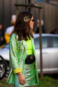 black bag, blazer, bulgari, fanny pack, green jacket, green skirt, green sweater, gucci, hair clip, leather bag, neon, shiny jacket, shiny skirt, sunglasses, watch, fashion week, frenchystyle, FW, jonathan paciullo, street style, MFW, MILAN, AUTUMN WINTER 2019-2020, AW 19-20, FALL WINTER 2019-2020, FW 19-20, vertical, atmosphere details, detail