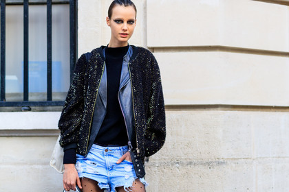 atmosphere details, AUTUMN WINTER 2017-2018, AW 17-18, black jacket, black perfecto, black sweater, blue denim, bomber jacket, braids, denim shorts, detail, FALL WINTER 2017-2018, fashion week, frenchystyle, FW, FW 17-18, horizontal, jonathan paciullo, leather jacket, leather perfecto, model, PARIS, PFW, polka dot, satin stitch, street style, tights