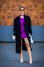 bag, black coat, coat, dress, Fiona Zanetti, leather bag, oversize coat, purple dress, sandals, sunglasses, transparent sandals, white bag, street style, jonathan paciullo, FW, frenchystyle, fashion week, PFW, PARIS, SPRING SUMMER 2022, SS 22, vertical, full length