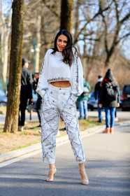 denim pants, embroidered jeans, glitter, graphic pants, high heels, jeans, jessica kahawaty, leather shoes, printed pants, sequined pants, sequined shoes, shiny shoes, transparent shoes, trousers, white denim, white pants, white sweater, MILAN, MFW, fashion week, frenchystyle, FW, jonathan paciullo, street style, AUTUMN WINTER 2019-2020, AW 19-20, FALL WINTER 2019-2020, FW 19-20, vertical, full length