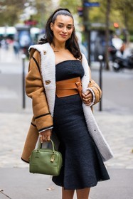 bag, belt, black dress, camel belt, camel coat, Camelia Jordana, coat, dress, khaki bag, large belt, leather bag, leather belt, leather coat, shearling coat, street style, jonathan paciullo, FW, frenchystyle, fashion week, PFW, PARIS, SPRING SUMMER 2022, SS 22, vertical, atmosphere details