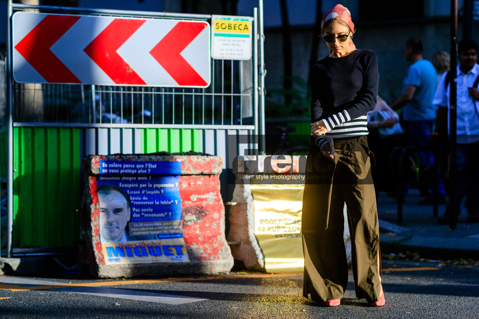 atmosphere details, fashion week, frenchystyle, full length, FW, green pants, headband, horizontal, jenny walton, jonathan paciullo, navy sweater, PARIS, PFW, red scarf, SPRING SUMMER 2017, SS 17, street style, striped top, sunglasses, trousers, wide pants