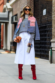AUTUMN WINTER 2016-2017, AW 16-17, brown bag, camel bag, culotte skirt, denim jacket, fashion week, frenchystyle, full length, fun bag, FW, FW 16-17, golden jewelry, hermès, high boots, high heels, jonathan paciullo, leather bag, leather shoes, necklace, NEW YORK, NYFW, red boots, street style, striped jacket, striped sweater, stripes, suede shoes, sunglasses, thassia naves, trousers, turtleneck sweater, vertical, white pants, white sweater, wide pants, woman