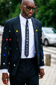 black jacket, black suits, black tie, black pants, white shirt, button details, button jacket, multicolor jacket, polka dots jacket, letter printed tie, scale sunglasses, louis vuitton sunglasses, virgil abloh, fashion week, frenchystyle, FW, jonathan paciullo, street style, PFW, PARIS, AUTUMN WINTER 2021-2022, FALL WINTER 2021-2022, FW 21-22, vertical, atmosphere details, detail
