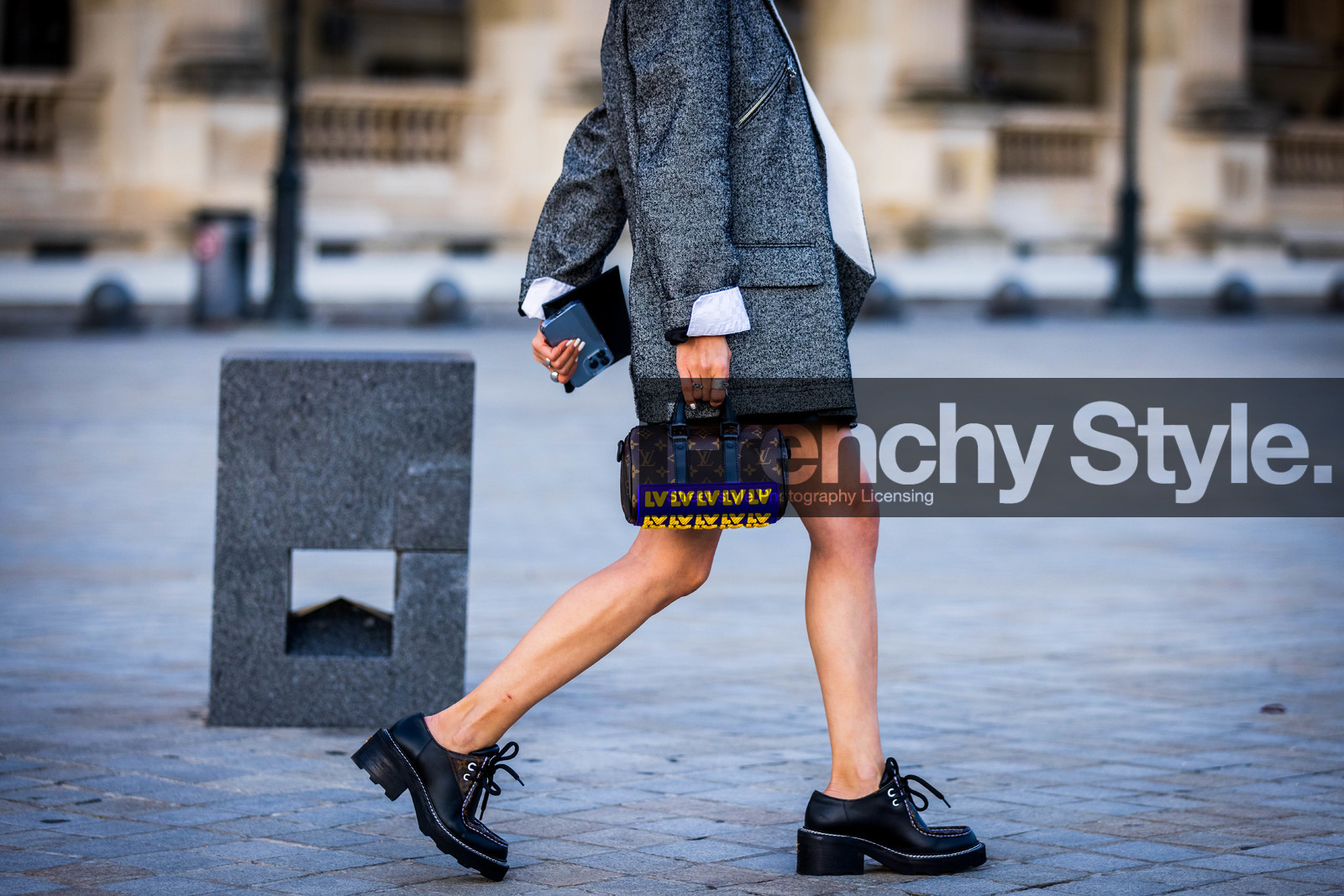bag, black loafers, blazer, brooch, brown bag, grey blazer, loafers, logo bag, louis vuitton bag, louis vuitton loafers, printed bag, fashion week, frenchystyle, FW, jonathan paciullo, street style, PFW, PARIS, SPRING SUMMER 2022, SS 22, horizontal, atmosphere details