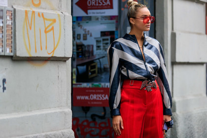 nina suess, armani total look, armani jacket, armani pants, armani sunglasses, red sunglasses, futurist shape sunglasses, striped jacket, black leather jacket, white leather jacket, zipped jacket, strassed belt, armani belt, fashion week, frenchystyle, FW, jonathan paciullo, street style, MFW, MILAN, SPRING SUMMER 2020, SS 20