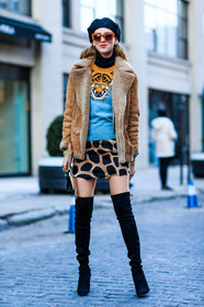 animal print, AUTUMN WINTER 2016-2017, AW 16-17, beige fur, beige jacket, beret, black bag, black boots, black hat, brown fur, brown jacket, brown skirt, camel jacket, chiara ferragni, fashion week, frenchystyle, full length, fur collar, fur jacket, fur perfecto, FW, FW 16-17, hermès, high boots, high heels, jonathan paciullo, kelly bag, kenzo, leather bag, mini bag, mini skirt, NEW YORK, NYFW, printed sweater, sheep fur, street style, suede jacket, suede shoes, sunglasses, vertical, woman, yellow sweater