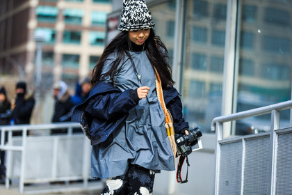 atmosphere details, AUTUMN WINTER 2016-2017, AW 16-17, beige slippers, black beanie, blue jacket, céline, detail, embroidered pants, fashion week, frenchystyle, FW, FW 16-17, grey top, horizontal, jonathan paciullo, NEW YORK, NYFW, street style, susie lau, wide pants, woman