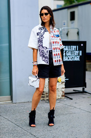 black denim, black shoes, denim skirt, graphic jacket, high heels, leather bag, leather shoes, necklace, open toe, pearls, prada, printed jacket, sunglasses, white bag, white jacket, fashion week, frenchystyle, FW, jonathan paciullo, street style, NYFW, NEW YORK, SPRING SUMMER 2019, SS 19, vertical, full length