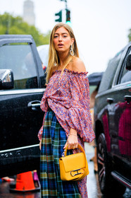 blue skirt, checked, emili sindlev, floral, flowers, graphic skirt, leather bag, off the shoulder, pink top, plaid, printed skirt, printed top, trousers, yellow bag, street style, jonathan paciullo, FW, frenchystyle, fashion week, NYFW, NEW YORK, SPRING SUMMER 2019, SS 19, vertical, detail, atmosphere details