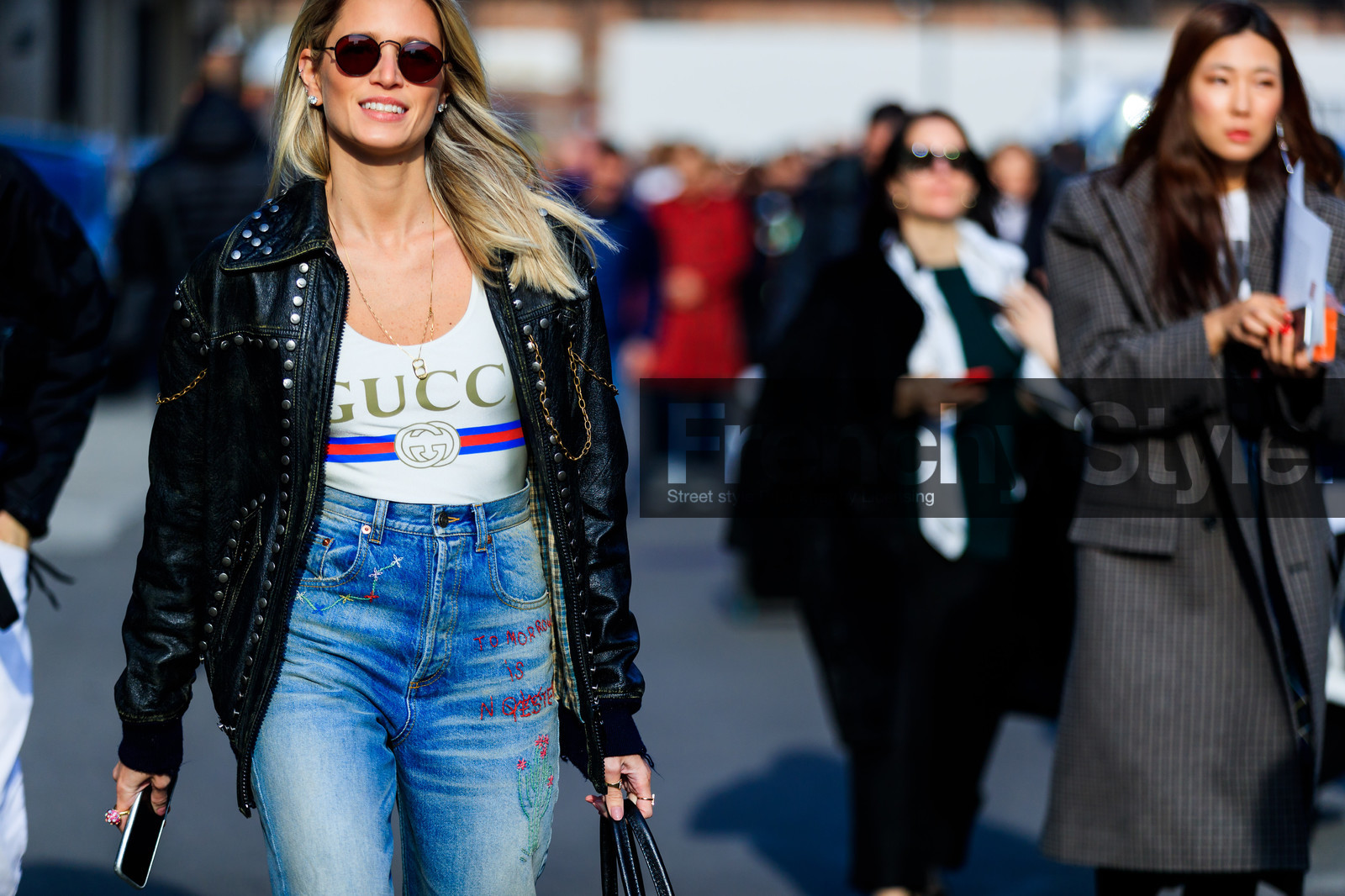 black jacket, blue denim, chains, denim pants, gucci, jeans, leather jacket, printed t shirt, studs, sunglasses, trousers, white t shirt, fashion week, frenchystyle, FW, jonathan paciullo, street style, MFW, MILAN, AUTUMN WINTER 2018-2019, FALL WINTER 2018-2019, FW 18-19, horizontal, atmosphere details, helena bordon