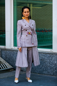 anna rosa vitiello, blazer, earrings, fendi, leather shoes, pleated skirt, purple jacket, purple pants, purple skirt, trousers, white shoes, MILAN, MFW, fashion week, frenchystyle, FW, jonathan paciullo, street style, AUTUMN WINTER 2019-2020, AW 19-20, FALL WINTER 2019-2020, FW 19-20, vertical, full length