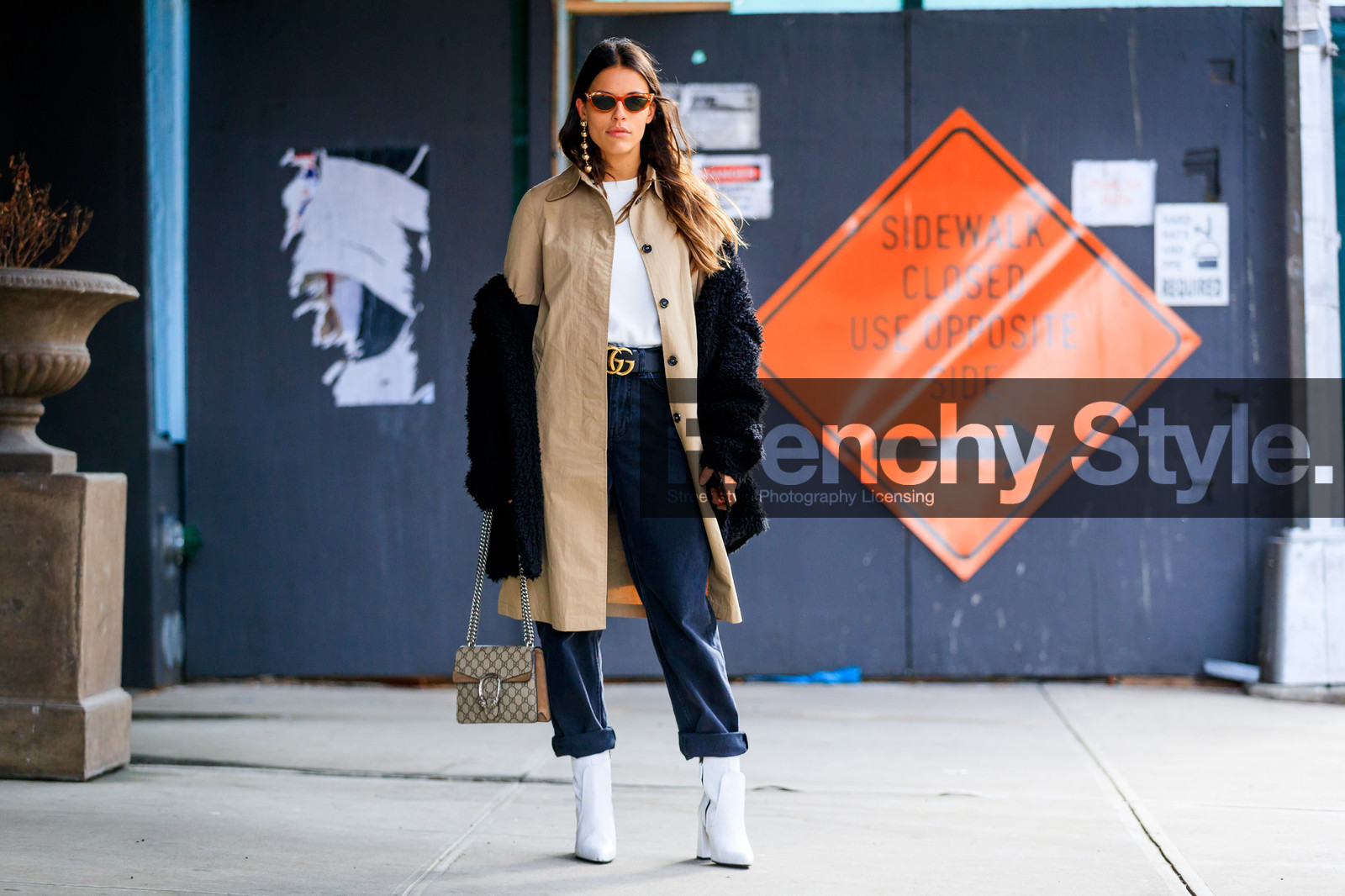 atmosphere details, augustina marzari bobbio, AUTUMN WINTER 2017-2018, AW 17-18, beige bag, beige jacket, beige shirt, black denim, black jacket, denim pants, earrings, FALL WINTER 2017-2018, fashion week, frenchystyle, full length, FW, FW 17-18, gucci, high heels, horizontal, jeans, jonathan paciullo, leather bag, leather boots, monogram, NEW YORK, NYFW, off the shoulder, printed bag, street style, sunglasses, trousers, white boots, white t-shirt