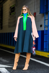 AUTUMN WINTER 2016-2017, aviator sunglasses, AW 16-17, beige boots, blue sweater, camel boots, fashion week, fendi, fluo, frenchystyle, full length, fun bag, fur bag, FW, FW 16-17, green coat, high boots, high heels, jonathan paciullo, NEW YORK, NYFW, street style, suede shoes, sunglasses, thassia naves, turquoise, turtleneck sweater, vertical, woman