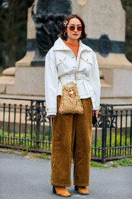 beige bag, brown pants, camel boots, corduroy, earrings, fishnet, hair clip, high heels, leather bag, leather shoes, prada, sunglasses, trousers, white jacket, MILAN, MFW, fashion week, frenchystyle, FW, jonathan paciullo, street style, AUTUMN WINTER 2019-2020, AW 19-20, FALL WINTER 2019-2020, FW 19-20, vertical, full length