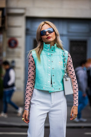 bag, blue jacket, chain bag, color, courreges jacket, jacket, leather jacket, marine serre top, mask sunglasses, mint jacket, nude top, pants, printed top, sleveless jacket, sunglasses, top, white bag, white pants, street style, jonathan paciullo, FW, frenchystyle, fashion week, PFW, PARIS, SPRING SUMMER 2022, SS 22, vertical, atmosphere details