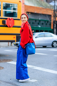 blue bag, blue pants, blue top, converse, leather bag, leather shoes, mansur gabriel, red beanie, red jacket, red scarf, trousers, white sneakers, street style, jonathan paciullo, FW, frenchystyle, fashion week, NYFW, NEW YORK, AUTUMN WINTER 2018-2019, AW 18-19, FALL WINTER 2018-2019, FW 18-19, vertical, full length, jenny walton