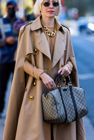 bag, beige dress, beige trenchcoat, cape, chain necklace, earrings, gold necklace, gucci bag, hoops, logo print, necklace, oval sunglasses, printed bag, sunglasses, travel bag, trenchcoat, street style, jonathan paciullo, FW, frenchystyle, fashion week, PFW, PARIS, SPRING SUMMER 2022, SS 22, vertical, atmosphere details
