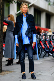 black denim, black jacket, black loafers, black pants, blue shirt, denim jacket, denim pants, fashion week, frenchystyle, full length, FW, jeans, jonathan paciullo, leather shoes, LFW, LONDON, sarah rutson, SPRING SUMMER 2017, SS 17, street style, trousers, velvet, vertical, woman
