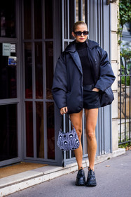 bag, black bag, black derbies, black puffer, black short, black sunglasses, black turtleneck, Caroline Daur, derbies, jacquard bag, plateform shoes, prada bag, printed bag, puffer, rectangle sunglasses, short, sunglasses, turlteneck, white bag, fashion week, frenchystyle, FW, jonathan paciullo, street style, PFW, PARIS, SPRING SUMMER 2022, SS 22, vertical, full length