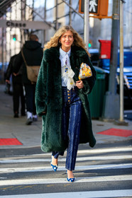 emili sindlev, green coat, fur coat, white shirt, ruffle shirt, floral embroidered shirt, denim, blue jeans, printed jeans, blue shoes, polka dots shoes, kitten heels shoes, floral printed bag, yellow leather bag, multicolor bag, fashion week, frenchystyle, FW, jonathan paciullo, street style, FALL WINTER 2020-2021, AUTUMN WINTER 2020-2021, FW 20-21, vertical, full length, NYFW, NEW YORK