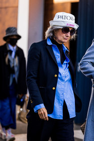 blazer, blue shirt, hat, navy blazer, navy pants, pants, patou hat, round sunglasses, shirt, Sophie Fontanel, sunglasses, turtleneck, white hat, street style, jonathan paciullo, FW, frenchystyle, fashion week, PFW, PARIS, SPRING SUMMER 2022, SS 22, vertical, atmosphere details