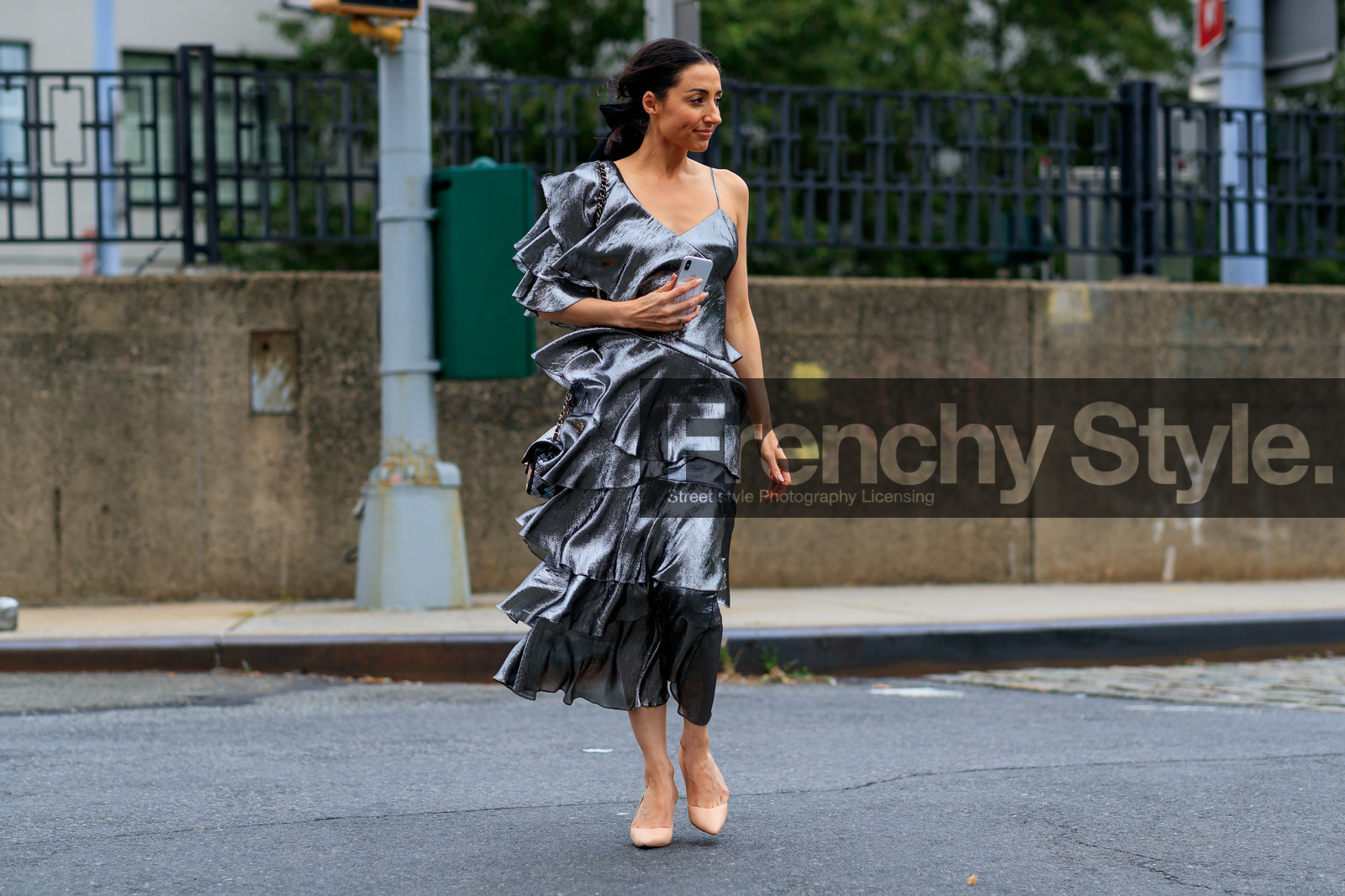 leather shoes, nude heels, ruffles, silver dress, fashion week, frenchystyle, FW, jonathan paciullo, street style, NEW YORK, NYFW, SPRING SUMMER 2020, SS 20, horizontal, atmosphere details, full length