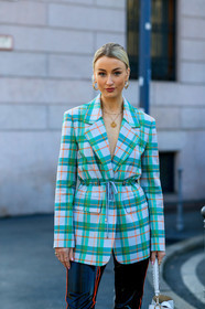 black pants, blazer, checked, earrings, graphic jacket, green jacket, leather pants, necklace, plaid, printed jacket, tartan, trousers, MILAN, MFW, fashion week, frenchystyle, FW, jonathan paciullo, street style, AUTUMN WINTER 2019-2020, AW 19-20, FALL WINTER 2019-2020, FW 19-20, vertical, atmosphere details, detail