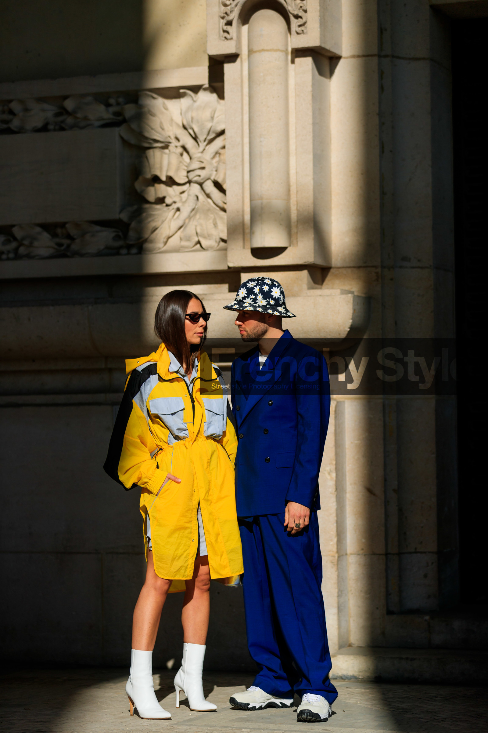alice & j.s, black hat, blazer, blue jacket, blue pants, blue suit, bucket hat, floral, flowers, graphic jacket, high heels, leather shoes, maison martin margiela, parka, printed jacket, sunglasses, trousers, white shoes, yellow coat, PARIS, PFW, street style, jonathan paciullo, FW, frenchystyle, fashion week, AUTUMN WINTER 2019-2020, AW 19-20, FALL WINTER 2019-2020, FW 19-20, vertical, full length