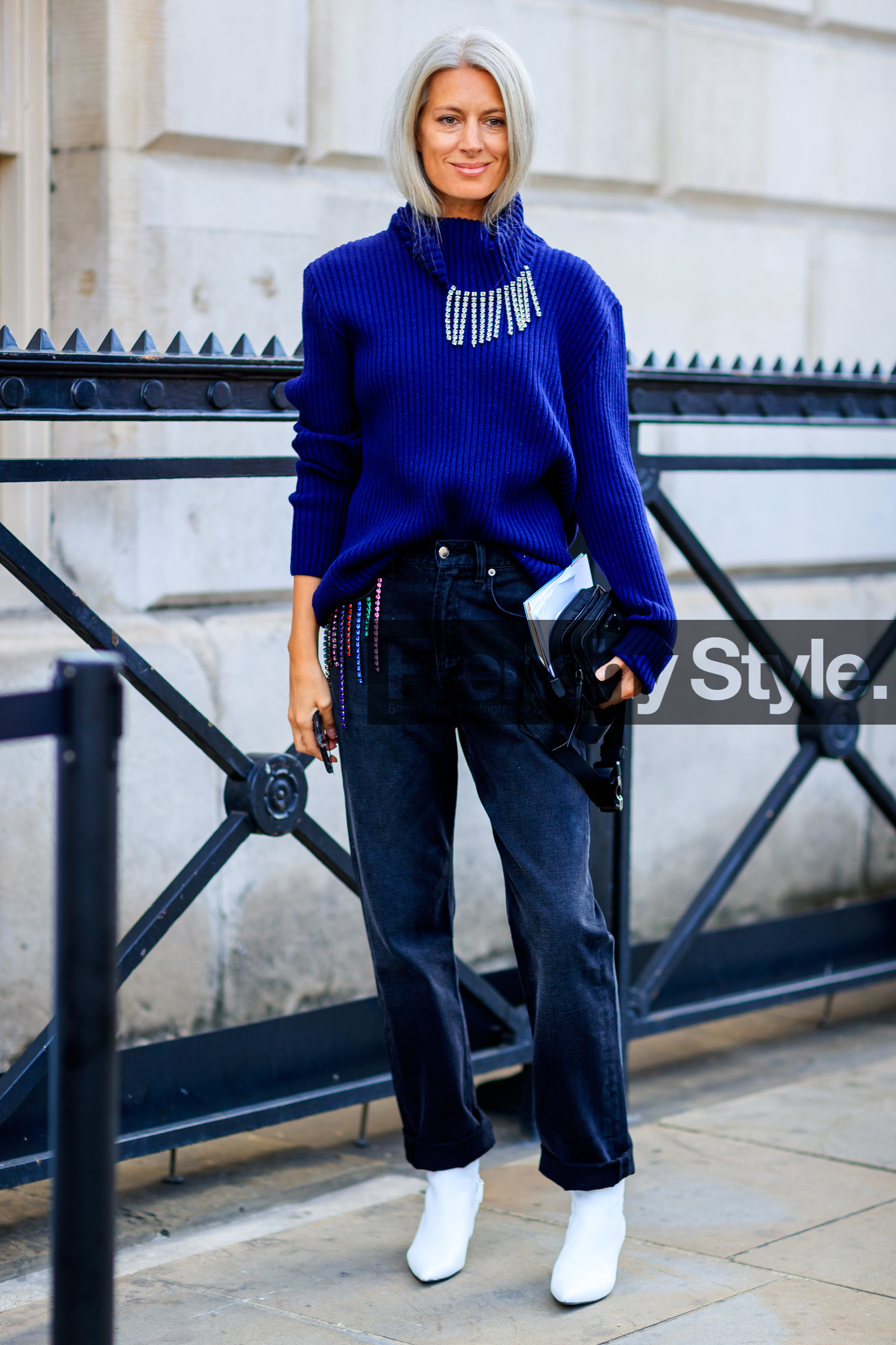 black bag, black denim, blue sweater, denim pants, embroidered sweater, glitter, high heels, jeans, leather bag, leather shoes, prada, sarah harris, sequined sweater, trousers, white boots, fashion week, frenchystyle, FW, jonathan paciullo, street style, LFW, LONDON, SPRING SUMMER 2019, SS 19, vertical, full length