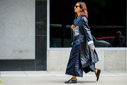 atmosphere details, black coat, black pants, black shoes, fashion week, frenchystyle, full length, FW, horizontal, jonathan paciullo, leather coat, NEW YORK, NYFW, SPRING SUMMER 2018, SS 18, street style, striped sweater, sunglasses, trench coat, trousers, wide pants