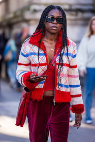 bag, blue stripes, burgundy pants, color, fluffly knitwear, jogging pants, knitwear, pants, rectangle sunglasses, red bag, red knitwear, stripes, sunglasses, velvet pants, zipped knitwear, lacoste, fashion week, frenchystyle, FW, jonathan paciullo, street style, PFW, PARIS, SPRING SUMMER 2022, SS 22, vertical, atmosphere details