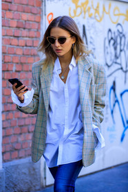 atmosphere details, beige jacket, blazer, blue denim, checked jacket, denim pants, detail, fashion week, frenchystyle, FW, graphic jacket, jeans, jonathan paciullo, MFW, MILAN, plaid, printed jacket, SPRING SUMMER 2018, SS 18, street style, sunglasses, trousers, vertical, white shirt