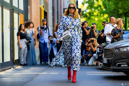 atmosphere details, blue dress, candela novembre, fashion week, floral, flowers, frenchystyle, full length, FW, graphic bag, graphic dress, high boots, high heels, horizontal, jonathan paciullo, leather bag, leather shoes, MFW, MILAN, printed bag, printed dress, red shoes, SPRING SUMMER 2018, SS 18, street style, sunglasses, white bag
