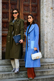 blue coat, fendi, julia haghjoo, leather bag, sunglasses, trousers, white bag, black shoes, green coat, grey bag, grey socks, high heels, leather bag, leather shoes, sunglasses, sylvia haghjoo, trousers, MILAN, MFW, fashion week, frenchystyle, FW, jonathan paciullo, street style, AUTUMN WINTER 2019-2020, AW 19-20, FALL WINTER 2019-2020, FW 19-20, vertical, full length