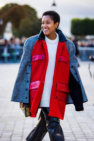 black pants, clutch, color, grey coat, knitwear, leather pants, louis vuitton look, pants, red coat, Tamu McPherson, white knitwear, cape coat, fashion week, frenchystyle, FW, jonathan paciullo, street style, PFW, PARIS, SPRING SUMMER 2022, SS 22, vertical, atmosphere details