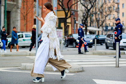 atmosphere details, AUTUMN WINTER 2017-2018, AW 17-18, black socks, camel pants, embroidered shirt, FALL WINTER 2017-2018, fashion week, frenchystyle, full length, FW, FW 17-18, high heels, horizontal, jonathan paciullo, leather shoes, MFW, MILAN, street style, trousers, white sandals, white shirt
