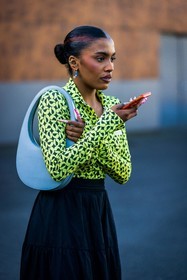 bag, black skirt, blue bag, bun, coperni, earrings, hairstyle, leather bag, print, ruffles, shirt, skirt, yellow fluo shirt, street style, jonathan paciullo, FW, frenchystyle, fashion week, PFW, PARIS, SPRING SUMMER 2022, SS 22, vertical, atmosphere details