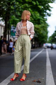 AUTUMN WINTER 2016-2017, AW 16-17, beige top, bomber jacket, FALL WINTER 2016-2017, fashion week, frenchystyle, full length, FW, FW 16-17, green pants, HAUTE COUTURE, high heels, high waist, jonathan paciullo, MENSWEAR, PARIS, PFW, pink jacket, pink top, red sandals, red shoes, street style, suede shoes, trousers, vertical, vika gazinskaya