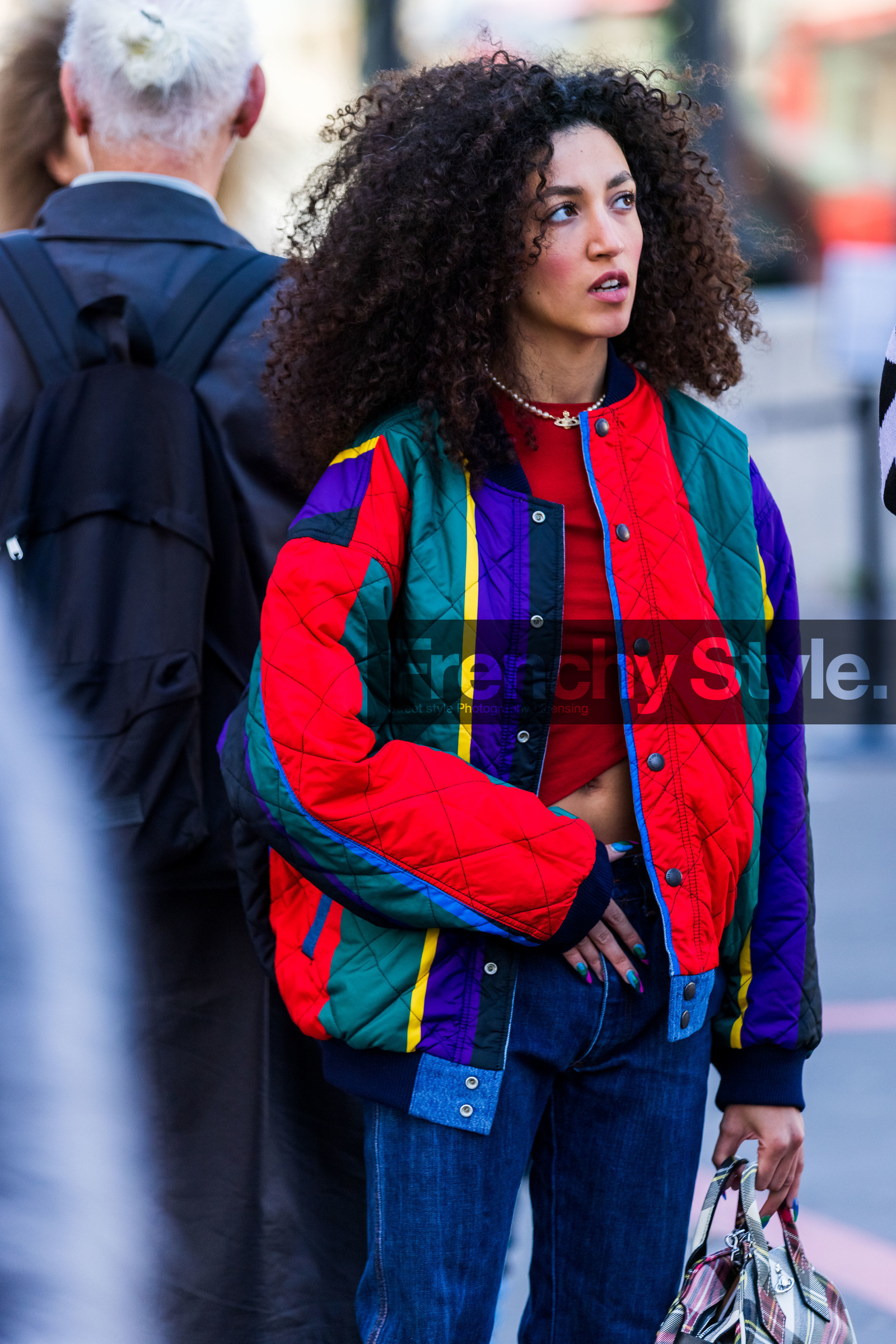 bag, blue denim, bomber, check, checked print, color, denim, green bag, green jacket, jacket, patcwork, printed bag, printed jacket, quilted jacket, red bag, red jacket, red top, stripes, top, street style, jonathan paciullo, FW, frenchystyle, fashion week, PFW, PARIS, SPRING SUMMER 2022, SS 22, vertical, atmosphere details