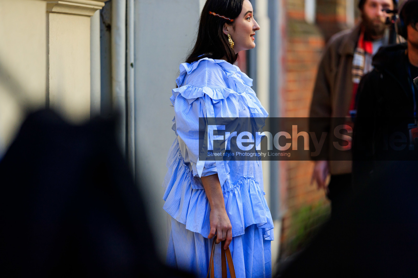 blue dress, earrings, graphic dress, hair clip, printed dress, ruffles, stripes, street style, jonathan paciullo, FW, frenchystyle, fashion week, LFW, LONDON, AUTUMN WINTER 2019-2020, AW 19-20, FW 19-20, FALL WINTER 2019-2020, horizontal, atmosphere details, detail