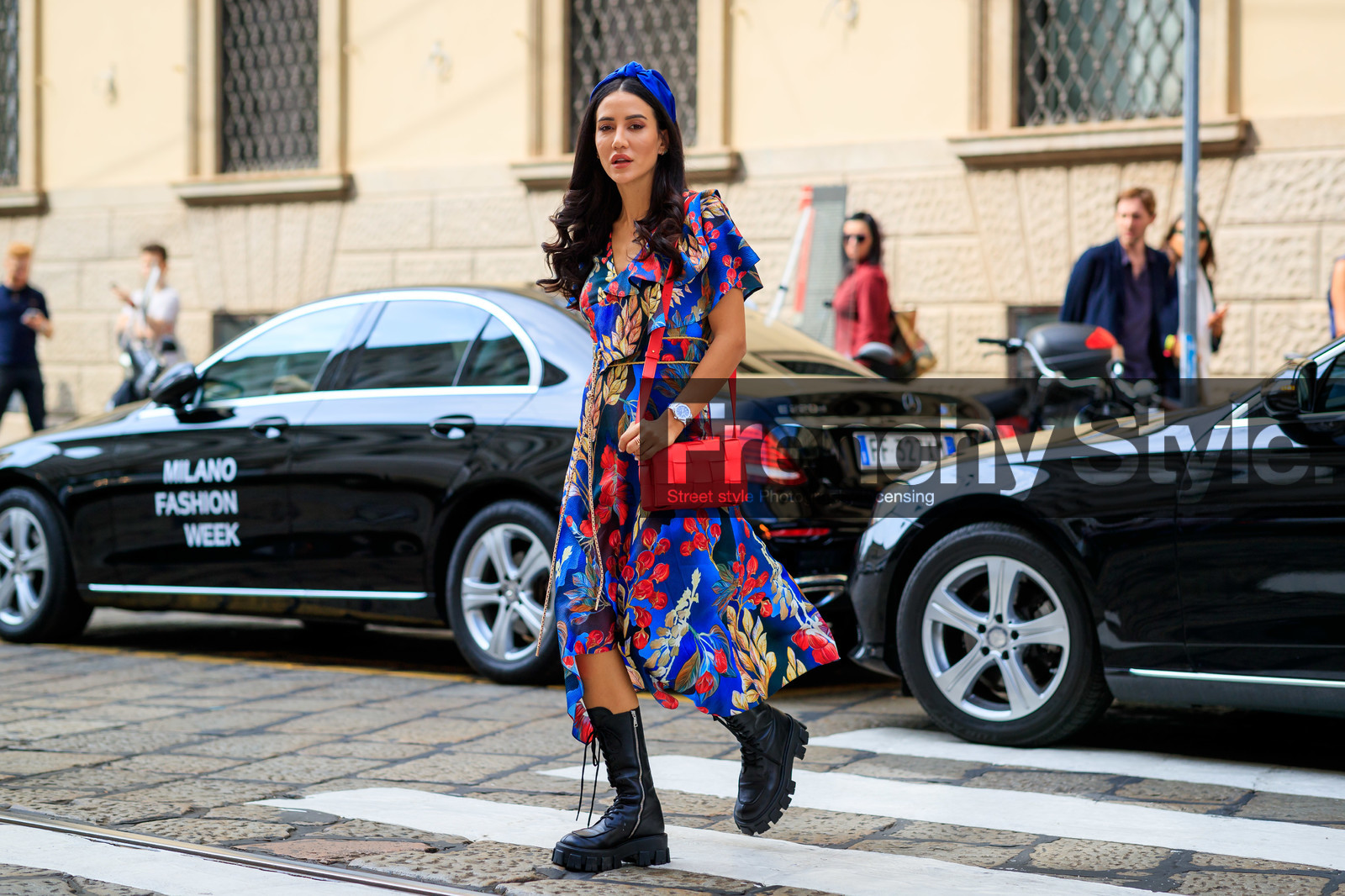 tamara kalinic, floral printed dress, blue dress, yellow dress, red dress, short sleeves dress, low necked dress, ruffle dress, black leather boots, laced boots, high boots, fashion week, frenchystyle, FW, jonathan paciullo, street style, MFW, MILAN, SPRING SUMMER 2020, SS 20