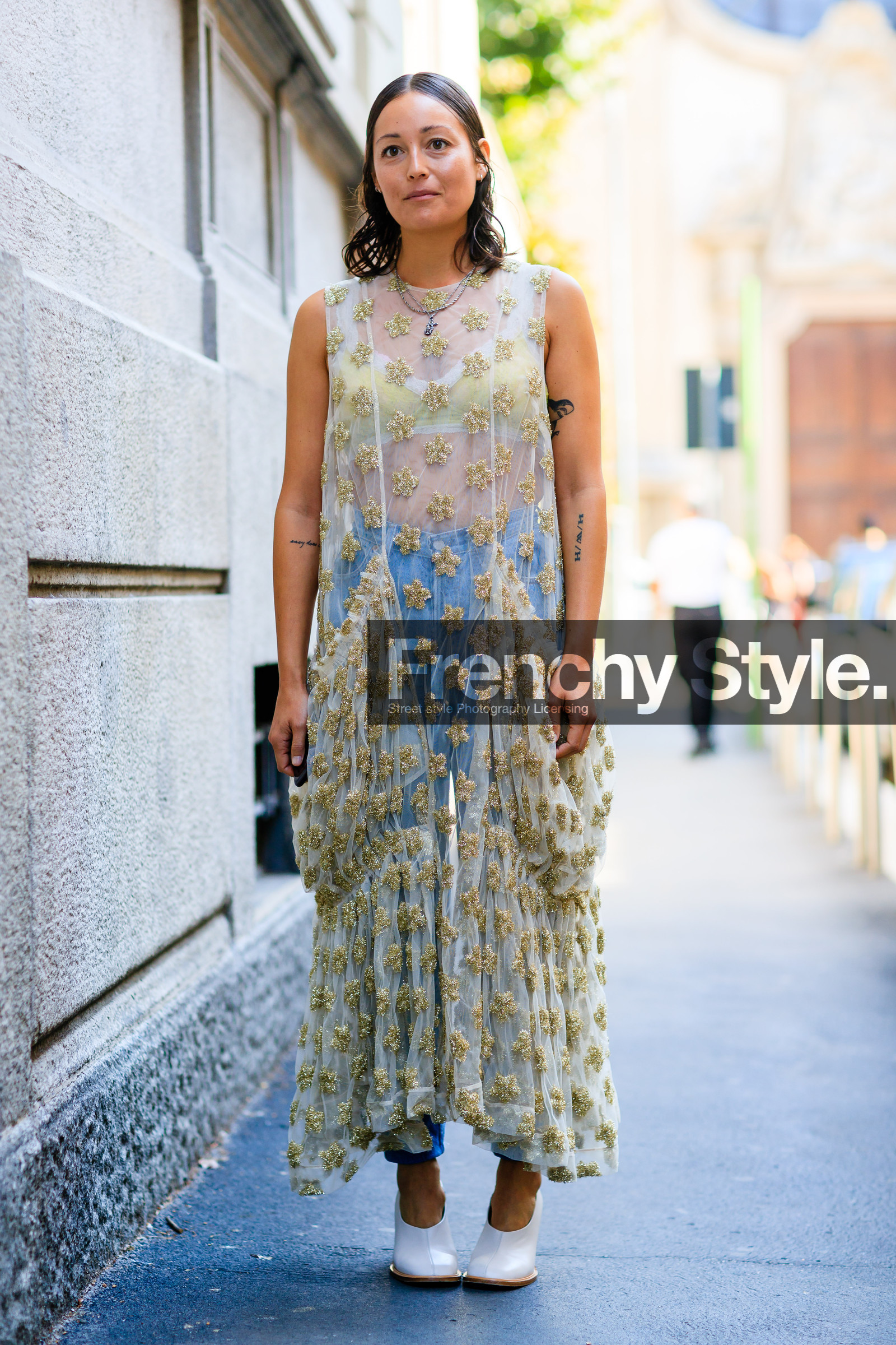 beige dress, blue denim, denim pants, embroidered dress, fashion week, frenchystyle, full length, FW, high heels, jeans, jonathan paciullo, leather shoes, MFW, MILAN, nude dress, printed dress, rachael wang, see through, sheer dress, silk dress, SPRING SUMMER 2017, SS 17, street style, trousers, vertical, white shoes