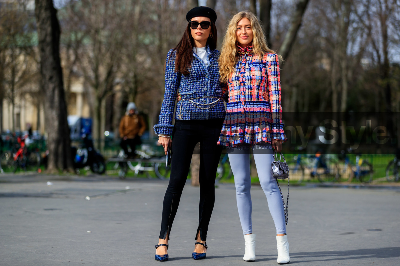 evangelie smyrniotaki, emili sindlev, blue jacket, checked jacket, tweed jacket, belted jacket, black beret, black hat, black sunglasses, black pants, black polish shoes, mary jane shoes, zipped pants, tight pants, technical fabric pants, metalic belt, silvered belt, pink jacket, high collar jacket, purple jacket, lilac jacket, lilac pants, orange jacket, multicolor jacket, pearl belt, chain belt, multi belt, pearl bracelet, strassed jacket, silvered bag, polish bag, quilted bag, hand bag, white leather boots, low boots, chanel jacket, chanel belt, chanel bag, big sunglasses, fashion week, frenchystyle, FW, jonathan paciullo, street style, PFW, PARIS, horizontal, atmosphere details, full length