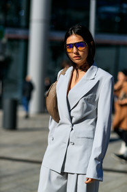 beige bag, blazer, doina ciobanu, fanny pack, grey jacket, grey pants, grey suit, leather bag, sunglasses, trousers, MILAN, MFW, fashion week, frenchystyle, FW, jonathan paciullo, street style, AUTUMN WINTER 2019-2020, AW 19-20, FALL WINTER 2019-2020, FW 19-20, vertical, atmosphere details, detail
